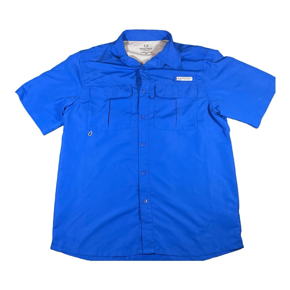 Realtree Fishing Button Down Shirt Men's SZ M Lapis Blue Vented Multiple Pockets